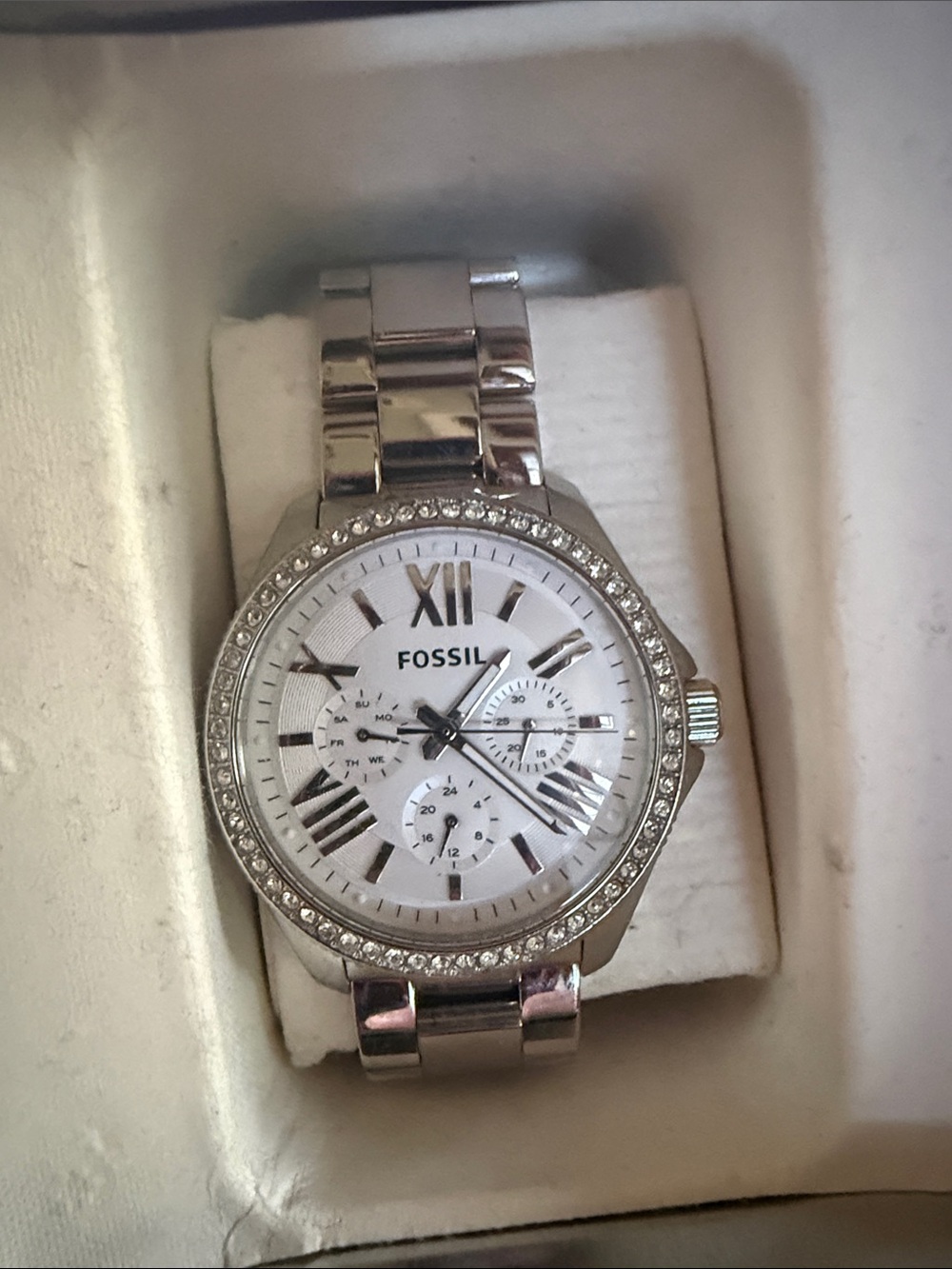 Fossil Silver Crystal-Accent White Dial Bracelet Watch